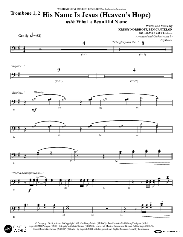 His Name Is Jesus (Heaven's Hope) (with What A Beautiful Name) (Choral Anthem SATB) Trombone 1/2 (Word Music Choral / Arr. Jay Rouse)