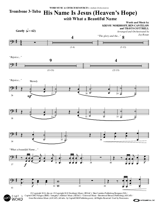 His Name Is Jesus (Heaven's Hope) (with What A Beautiful Name) (Choral Anthem SATB) Trombone 3/Tuba (Word Music Choral / Arr. Jay Rouse)