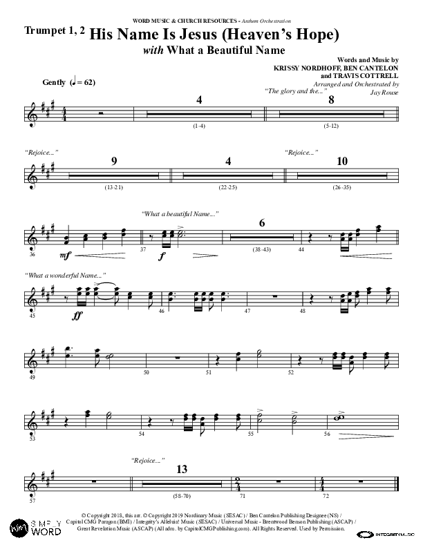 His Name Is Jesus (Heaven's Hope) (with What A Beautiful Name) (Choral Anthem SATB) Trumpet 1,2 (Word Music Choral / Arr. Jay Rouse)