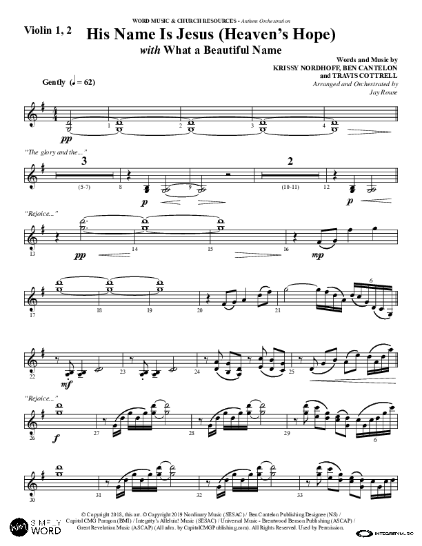 His Name Is Jesus (Heaven's Hope) (with What A Beautiful Name) (Choral Anthem SATB) Violin 1/2 (Word Music Choral / Arr. Jay Rouse)