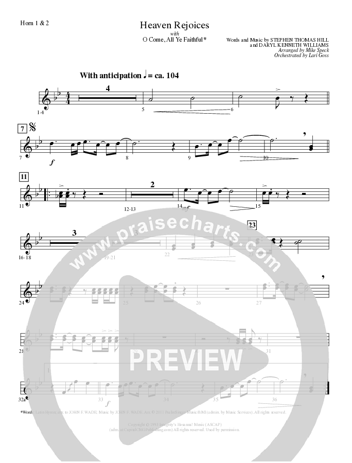 Heaven Rejoices with O Come All Ye Faithful (Choral Anthem SATB) French Horn 1/2 (Lillenas Choral / Arr. Mike Speck)