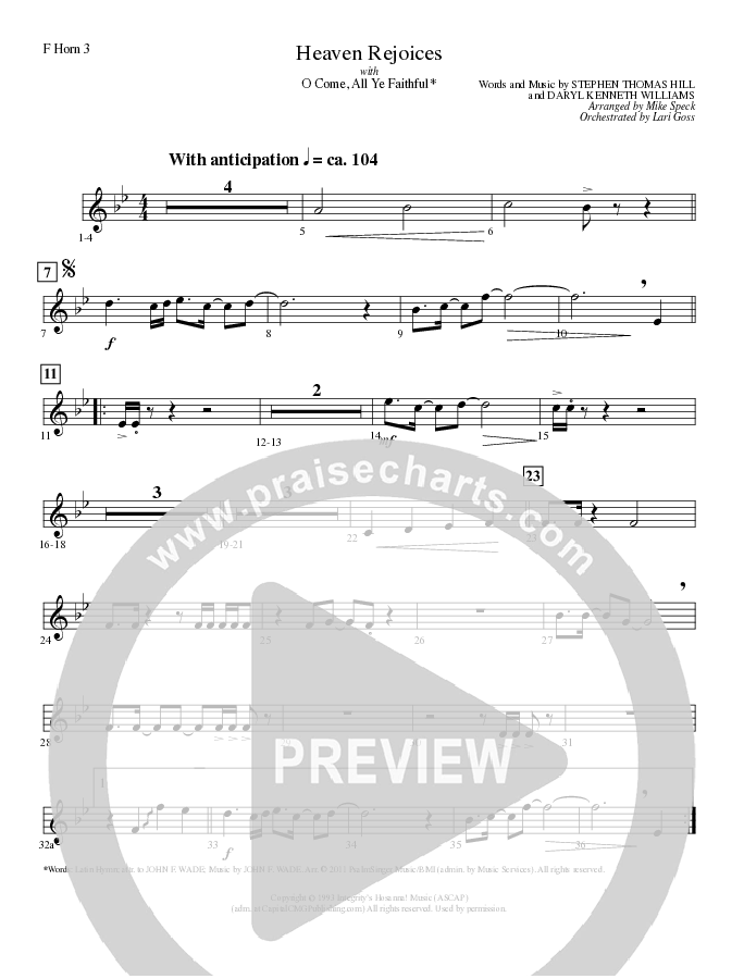 Heaven Rejoices with O Come All Ye Faithful (Choral Anthem SATB) French Horn 3 (Lillenas Choral / Arr. Mike Speck)