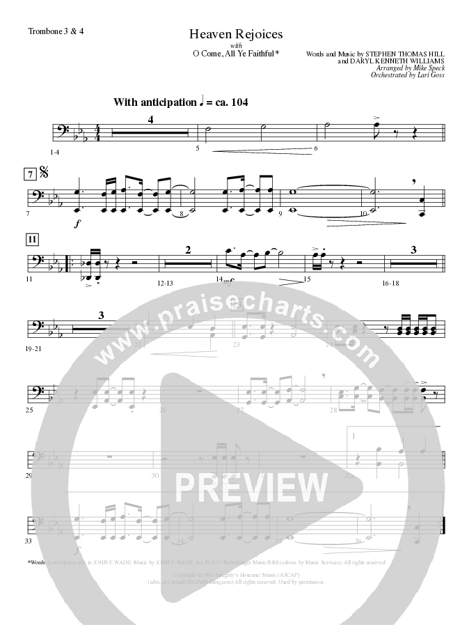 Heaven Rejoices with O Come All Ye Faithful (Choral Anthem SATB) Trombone 3/4 (Lillenas Choral / Arr. Mike Speck)