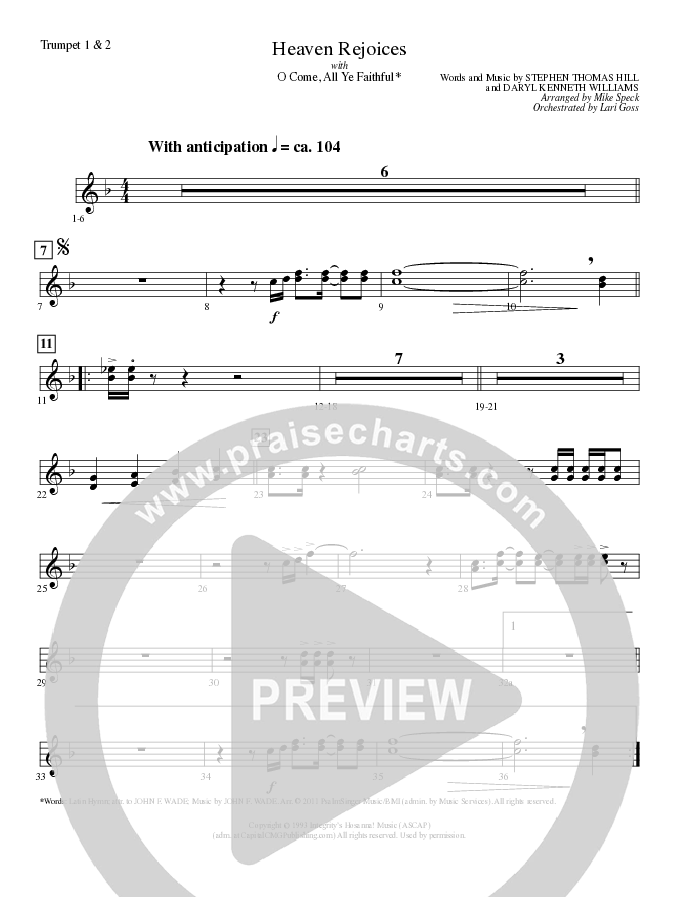 Heaven Rejoices with O Come All Ye Faithful (Choral Anthem SATB) Trumpet 1,2 (Lillenas Choral / Arr. Mike Speck)