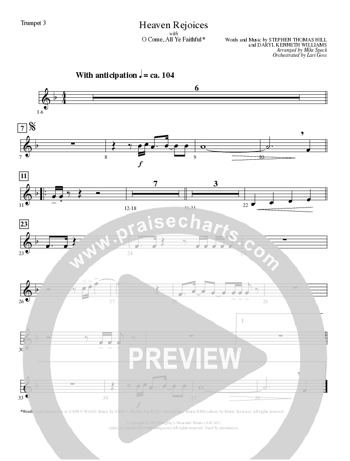 Heaven Rejoices with O Come All Ye Faithful (Choral Anthem SATB) Trumpet 3 (Lillenas Choral / Arr. Mike Speck)