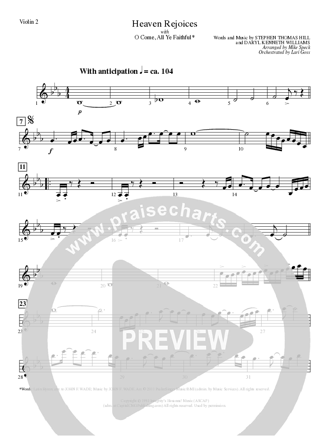 Heaven Rejoices with O Come All Ye Faithful (Choral Anthem SATB) Violin 2 (Lillenas Choral / Arr. Mike Speck)