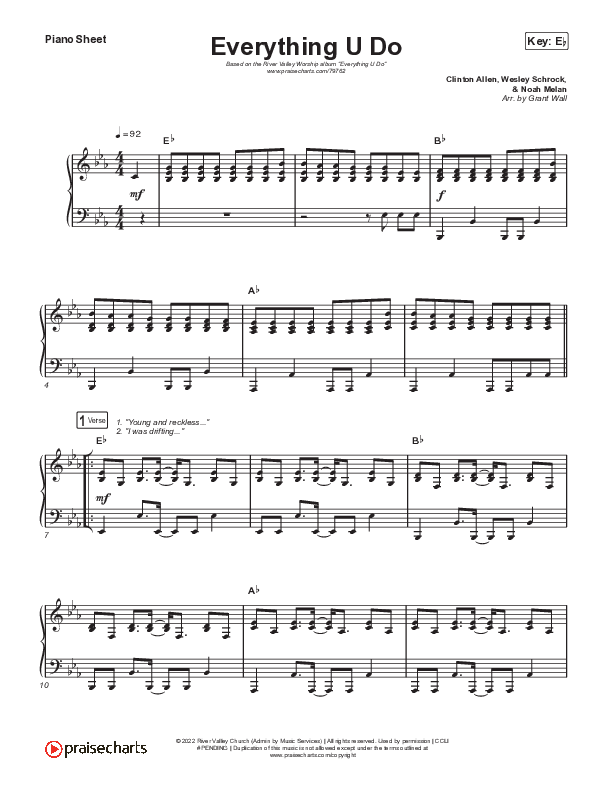 Everything U Do (Live) Piano Sheet (River Valley AGES)