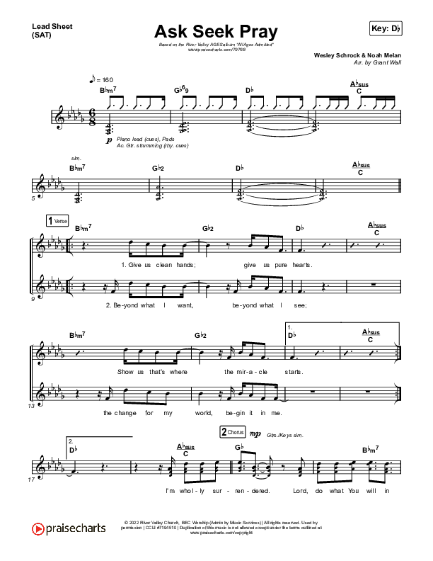 Ask Seek Pray (Live) Lead Sheet (SAT) (River Valley AGES)