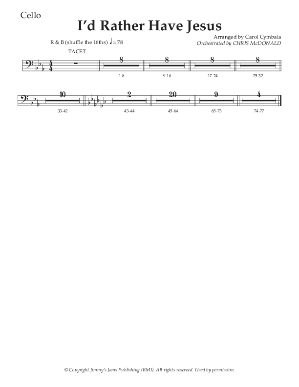 I’d Rather Have Jesus (Choral Anthem SATB) Cello (The Brooklyn Tabernacle Choir / Arr. Carol Cymbala / Orch. Chris McDonald)