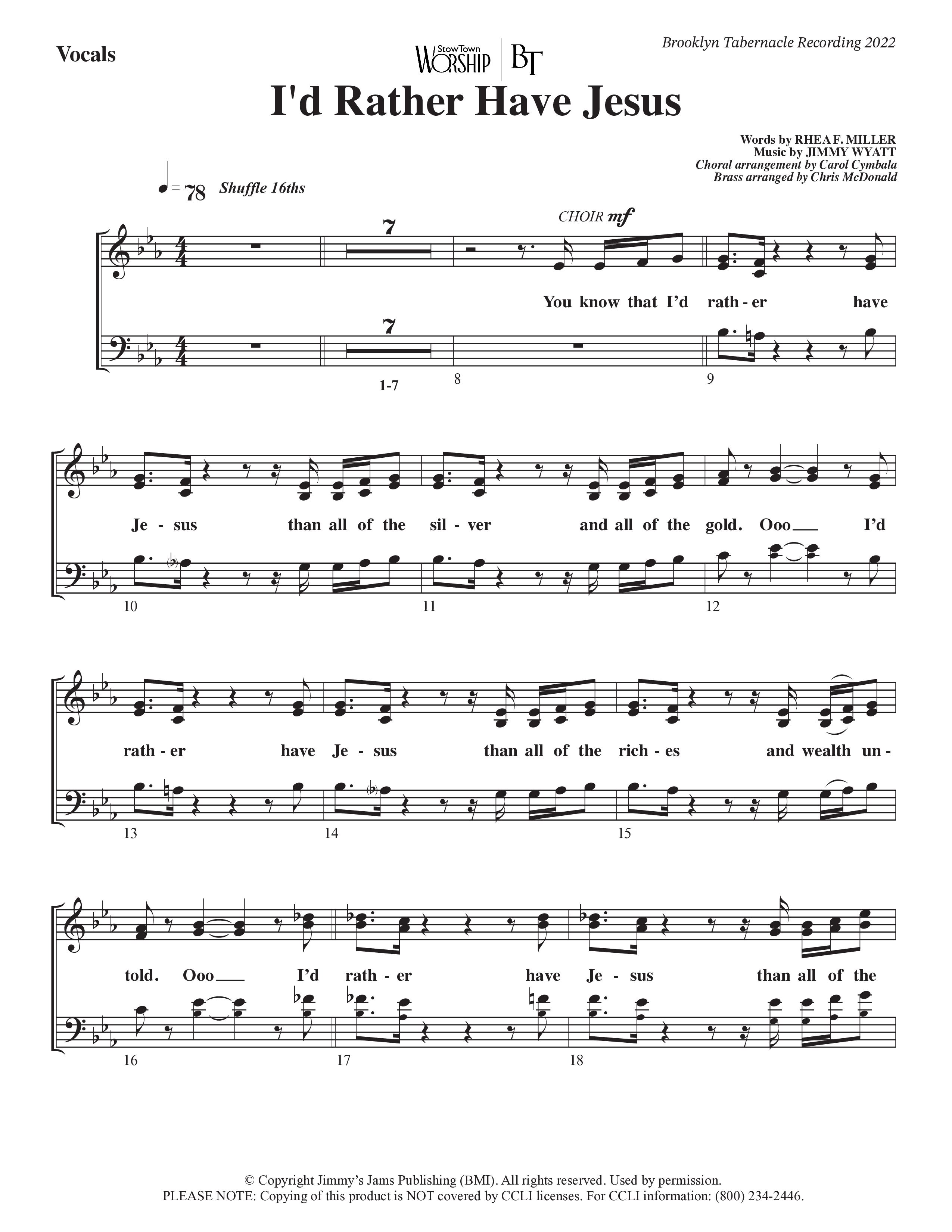 I’d Rather Have Jesus (Choral Anthem SATB) Choir Sheet (SATB) (The Brooklyn Tabernacle Choir / Arr. Carol Cymbala / Orch. Chris McDonald)
