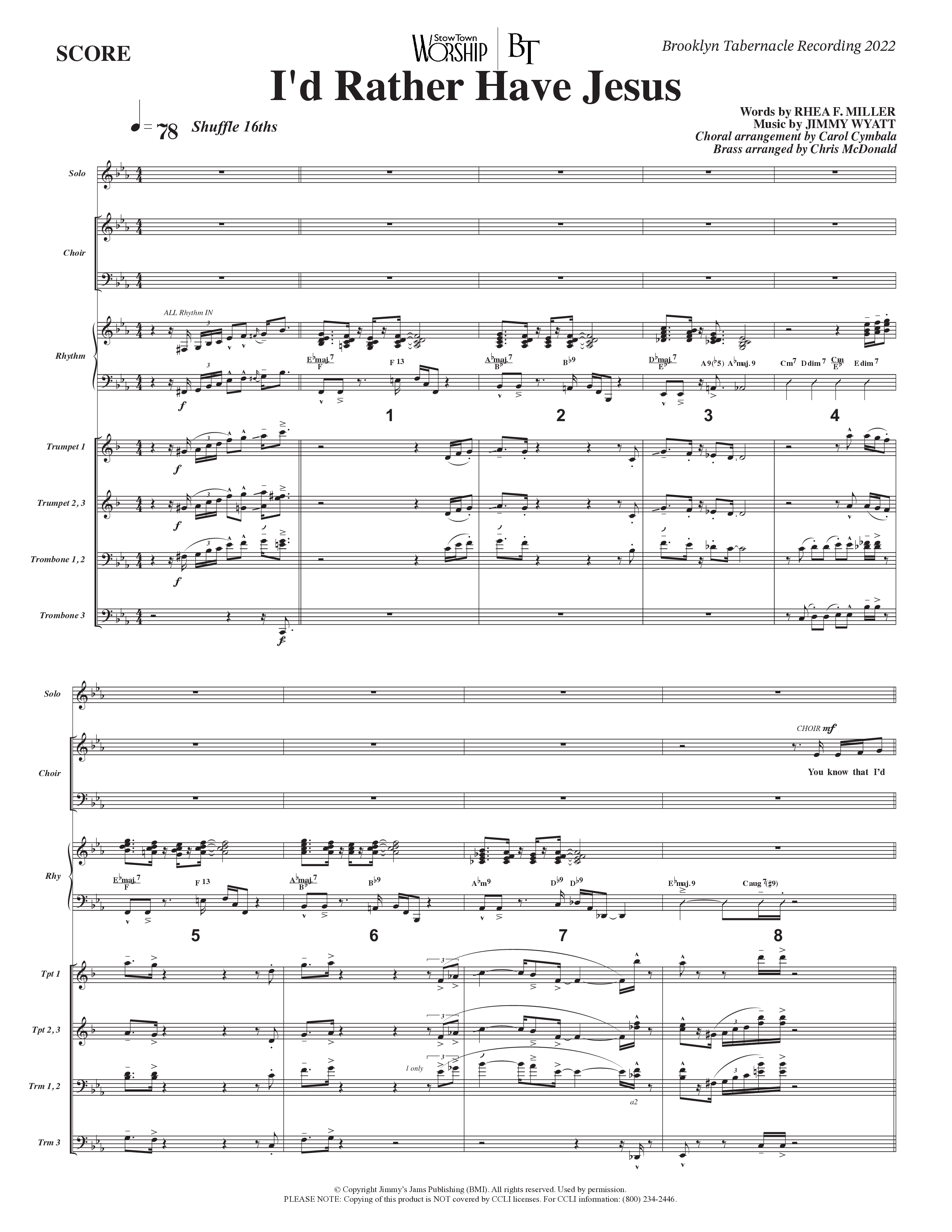 I’d Rather Have Jesus (Choral Anthem SATB) Orchestration (The Brooklyn Tabernacle Choir / Arr. Carol Cymbala / Orch. Chris McDonald)
