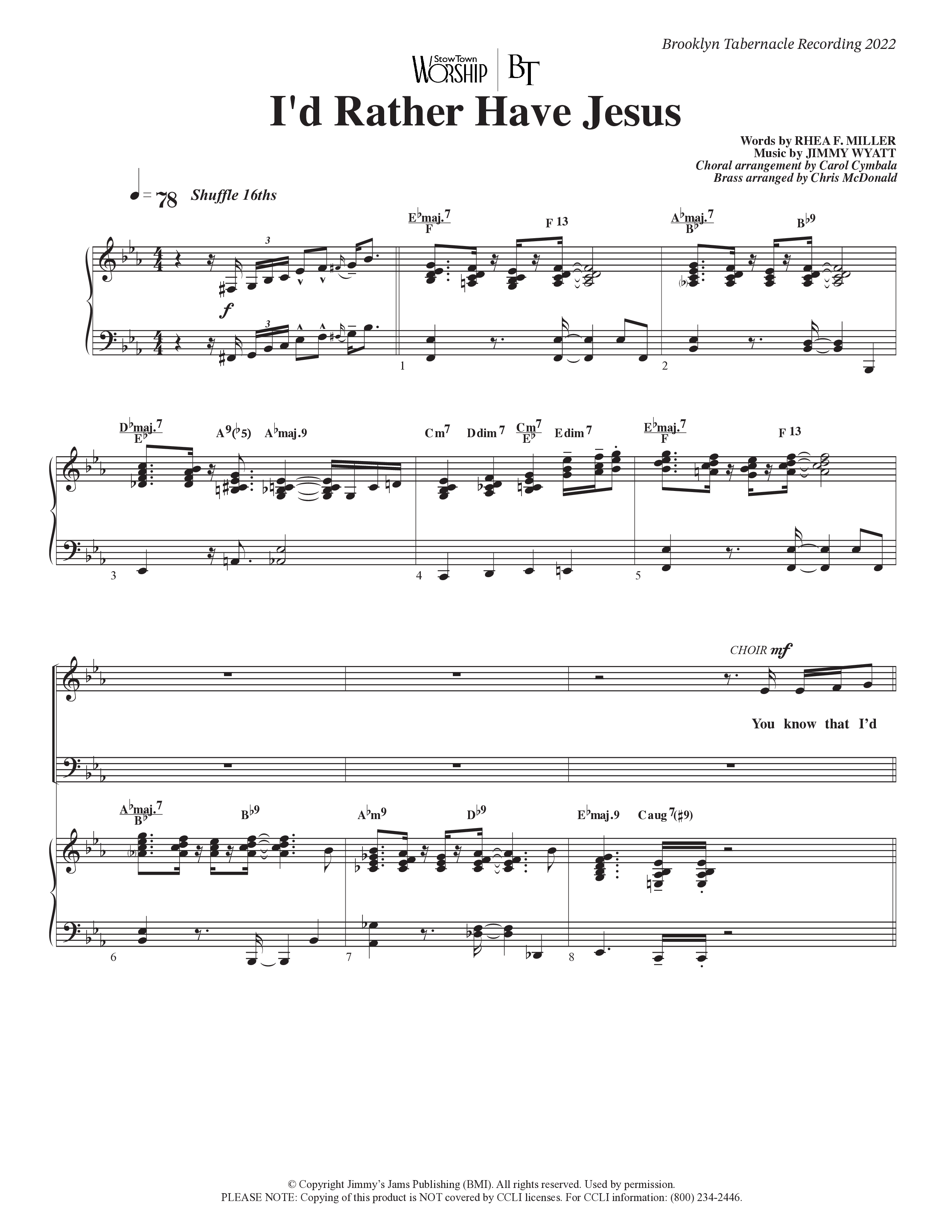 I’d Rather Have Jesus (Choral Anthem SATB) Anthem (SATB/Piano) (The Brooklyn Tabernacle Choir / Arr. Carol Cymbala / Orch. Chris McDonald)