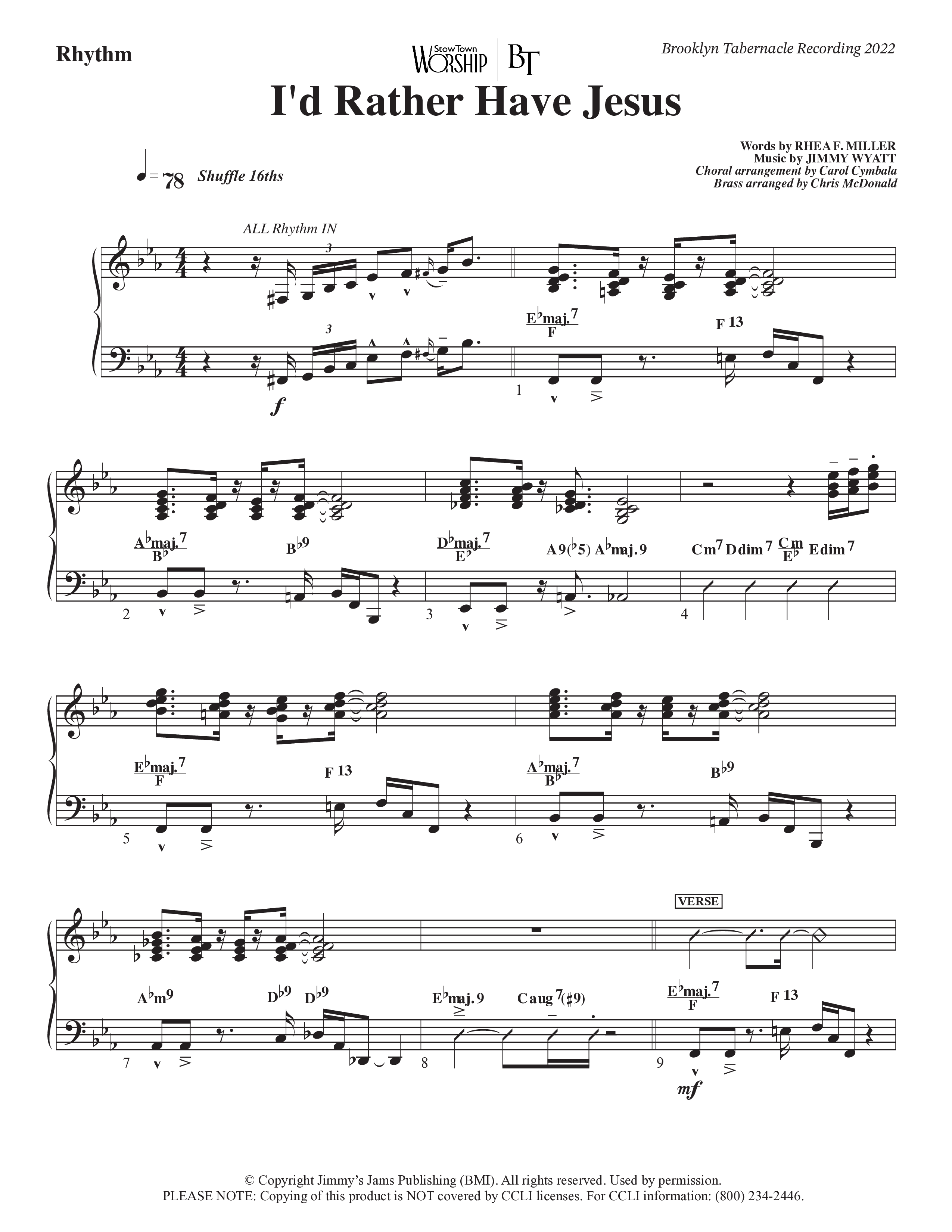 I’d Rather Have Jesus (Choral Anthem SATB) Rhythm Chart (The Brooklyn Tabernacle Choir / Arr. Carol Cymbala / Orch. Chris McDonald)