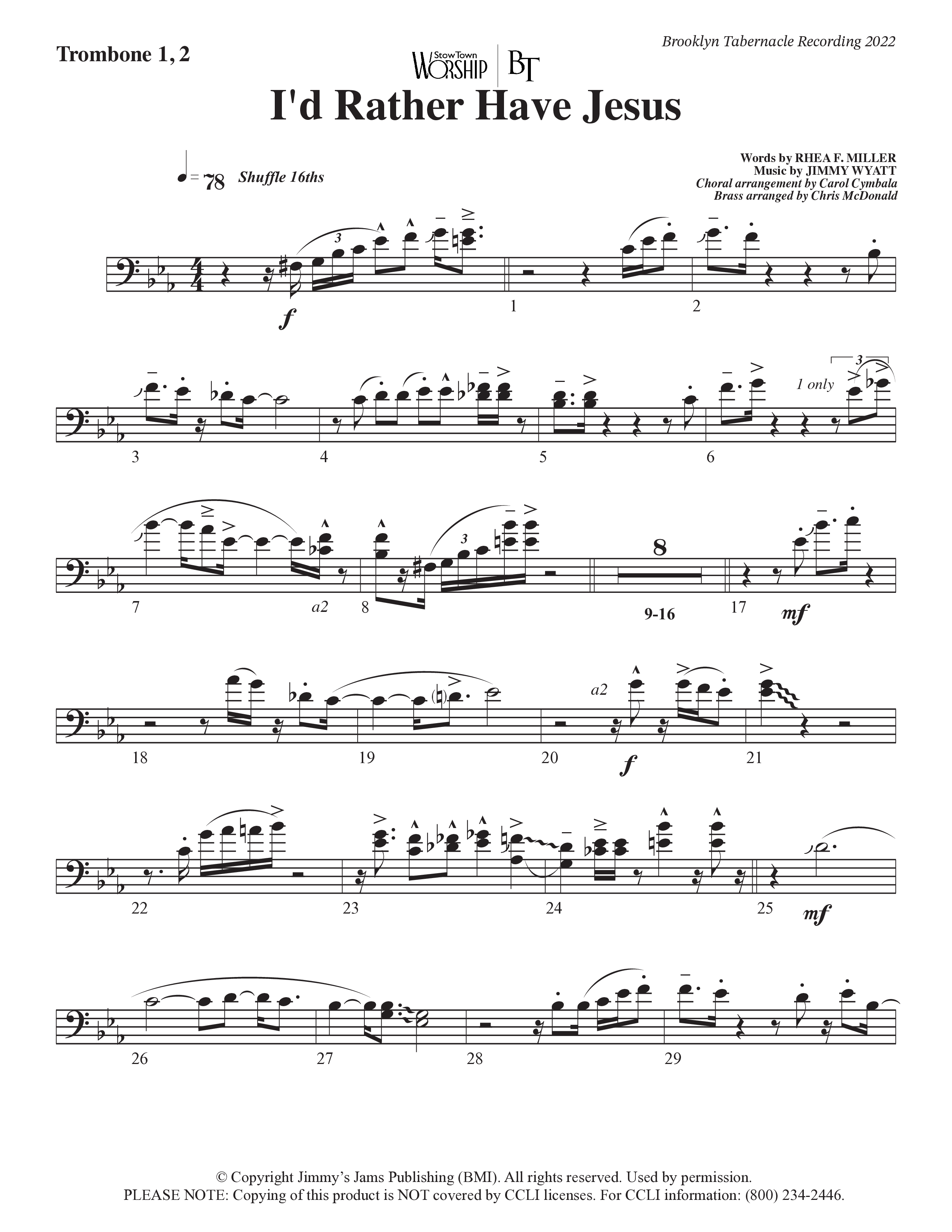 I’d Rather Have Jesus (Choral Anthem SATB) Trombone 1/2 (The Brooklyn Tabernacle Choir / Arr. Carol Cymbala / Orch. Chris McDonald)