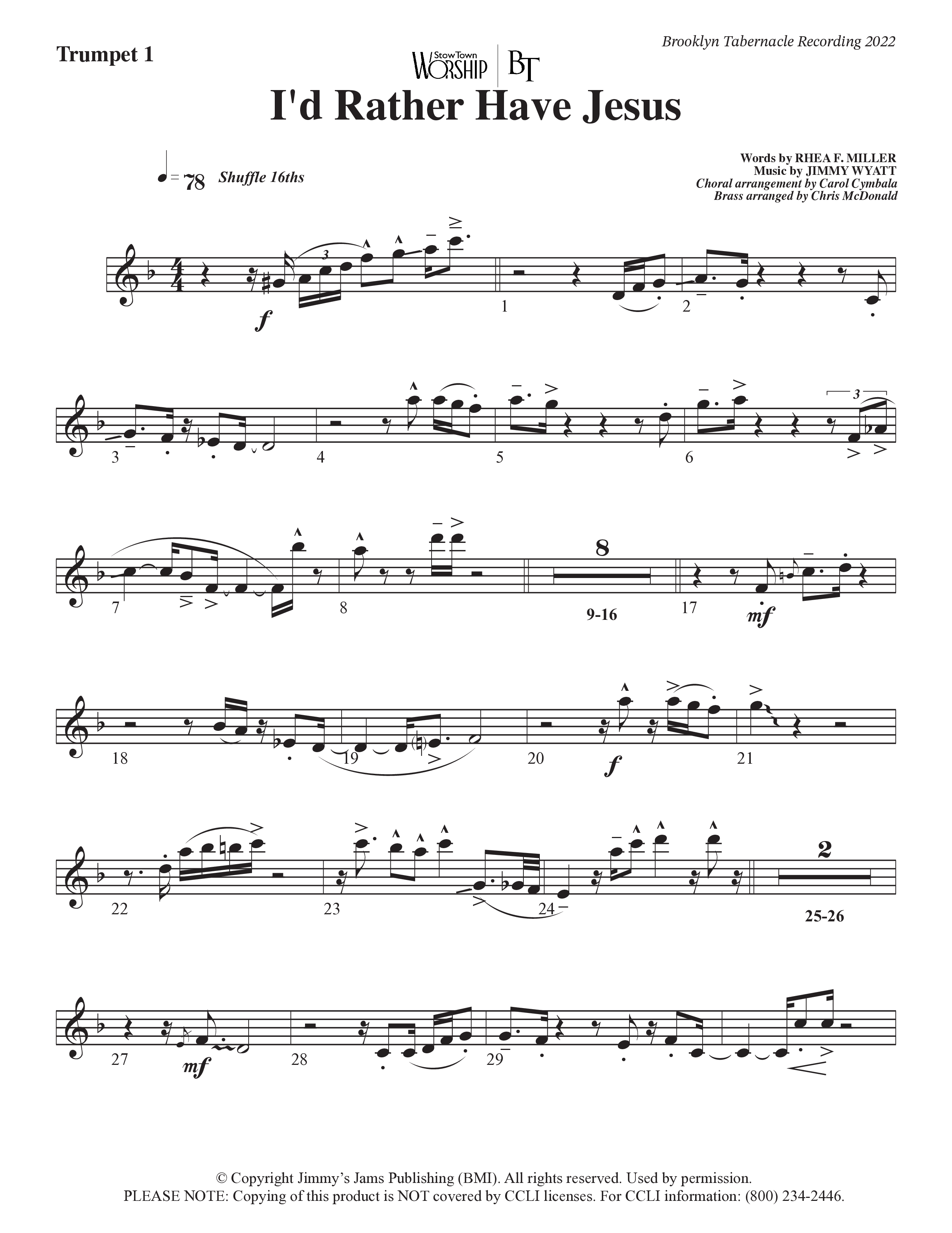 I’d Rather Have Jesus (Choral Anthem SATB) Trumpet 1 (The Brooklyn Tabernacle Choir / Arr. Carol Cymbala / Orch. Chris McDonald)