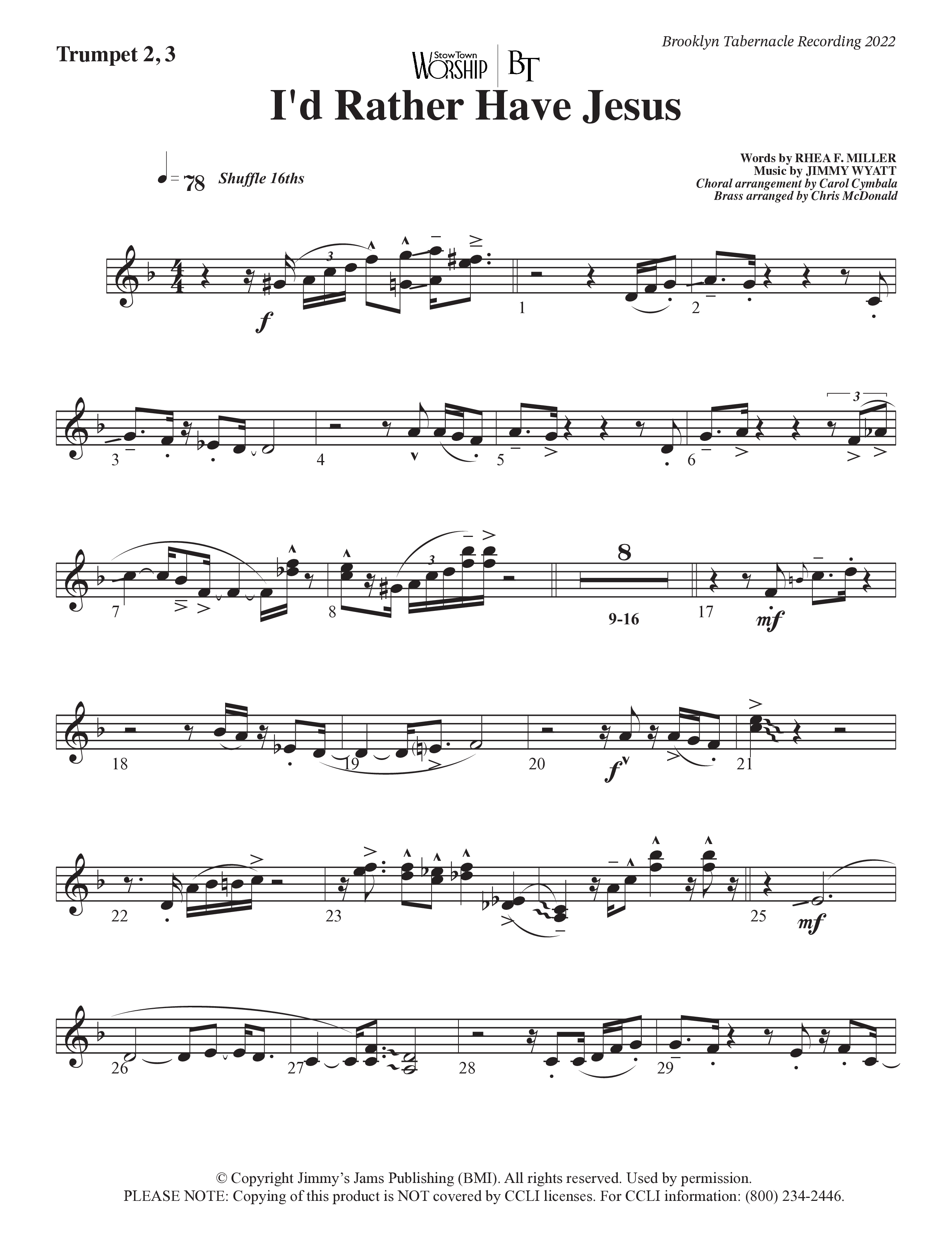 I’d Rather Have Jesus (Choral Anthem SATB) Trumpet 2/3 (The Brooklyn Tabernacle Choir / Arr. Carol Cymbala / Orch. Chris McDonald)