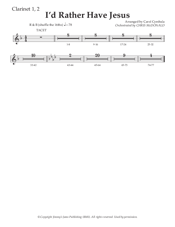 I’d Rather Have Jesus (Choral Anthem SATB) Clarinet 1/2 (The Brooklyn Tabernacle Choir / Arr. Carol Cymbala / Orch. Chris McDonald)