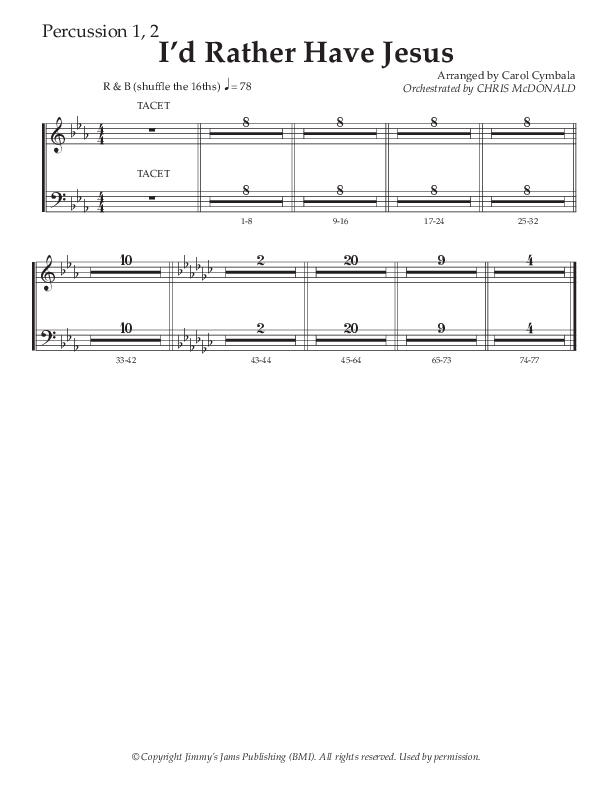 I’d Rather Have Jesus (Choral Anthem SATB) Percussion 1/2 (The Brooklyn Tabernacle Choir / Arr. Carol Cymbala / Orch. Chris McDonald)