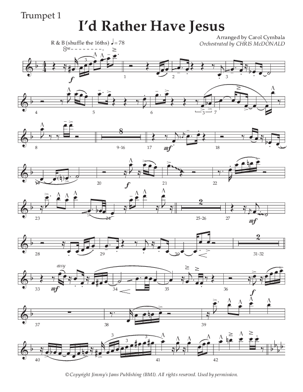 I’d Rather Have Jesus (Choral Anthem SATB) Trumpet 1 (The Brooklyn Tabernacle Choir / Arr. Carol Cymbala / Orch. Chris McDonald)