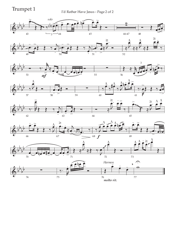 I’d Rather Have Jesus (Choral Anthem SATB) Trumpet 1 (The Brooklyn Tabernacle Choir / Arr. Carol Cymbala / Orch. Chris McDonald)