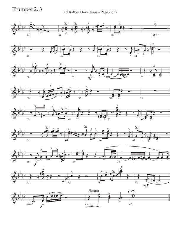 I’d Rather Have Jesus (Choral Anthem SATB) Trumpet 2/3 (The Brooklyn Tabernacle Choir / Arr. Carol Cymbala / Orch. Chris McDonald)