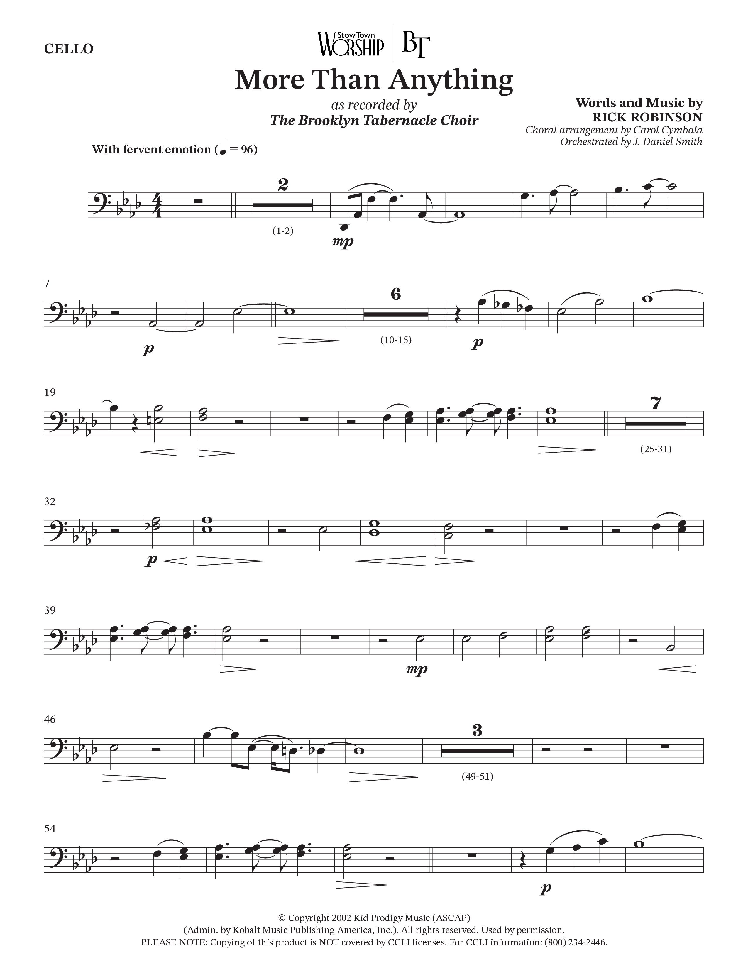 More Than Anything (Choral Anthem SATB) Cello (The Brooklyn Tabernacle Choir / Arr. Carol Cymbala / Orch. J. Daniel Smith)