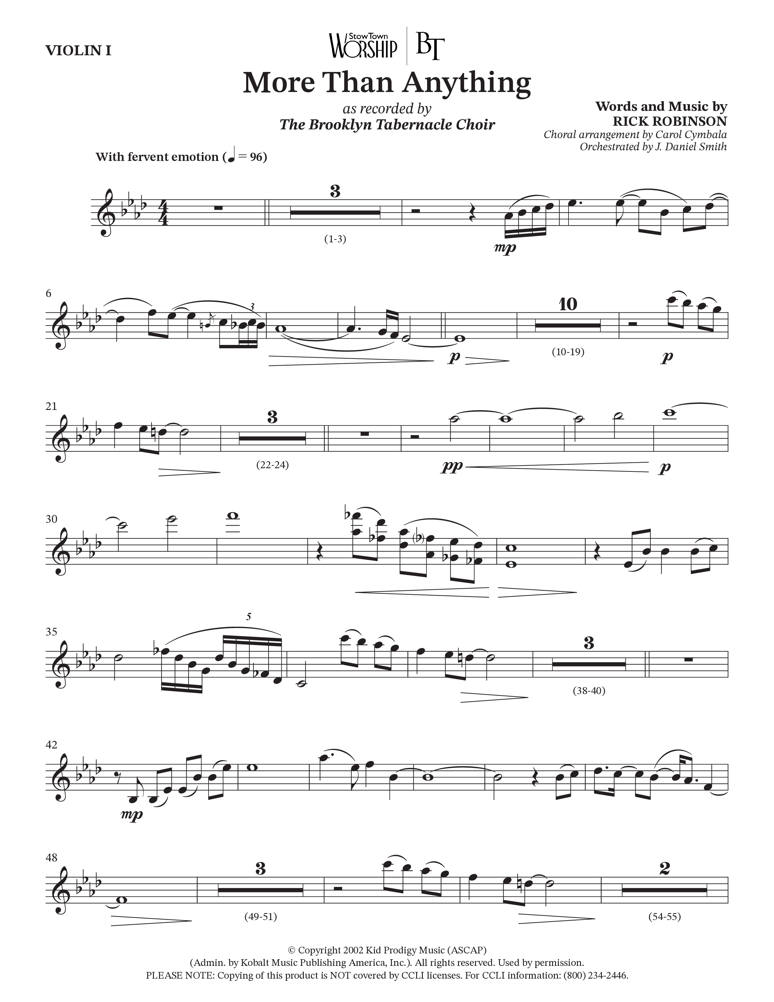More Than Anything (Choral Anthem SATB) Violin 1 (The Brooklyn Tabernacle Choir / Arr. Carol Cymbala / Orch. J. Daniel Smith)