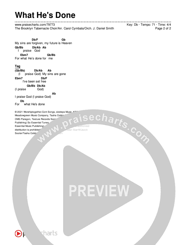 What He's Done (Choral Anthem SATB) Chord Chart (The Brooklyn Tabernacle Choir / Arr. Carol Cymbala / Orch. J. Daniel Smith)