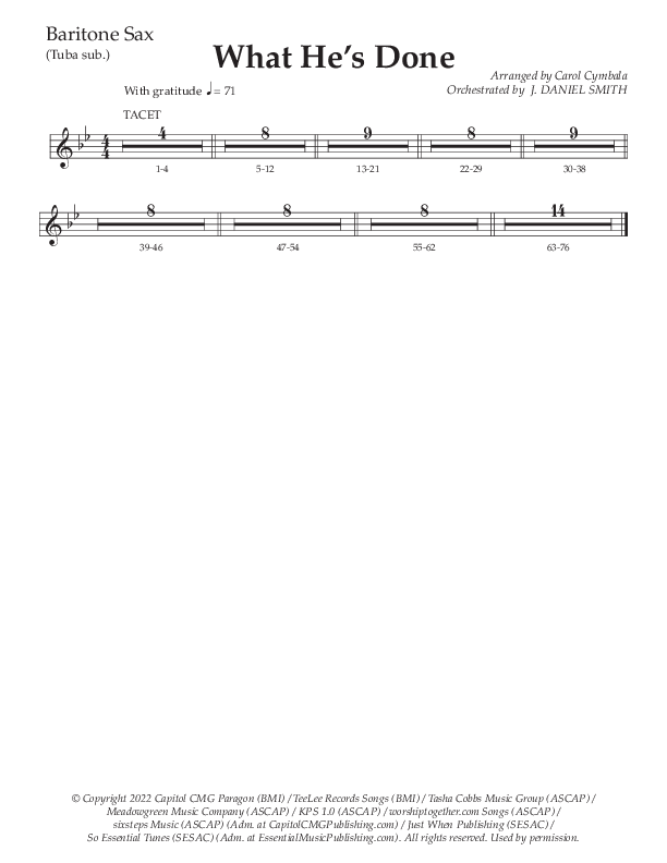What He's Done (Choral Anthem SATB) Bari Sax (The Brooklyn Tabernacle Choir / Arr. Carol Cymbala / Orch. J. Daniel Smith)