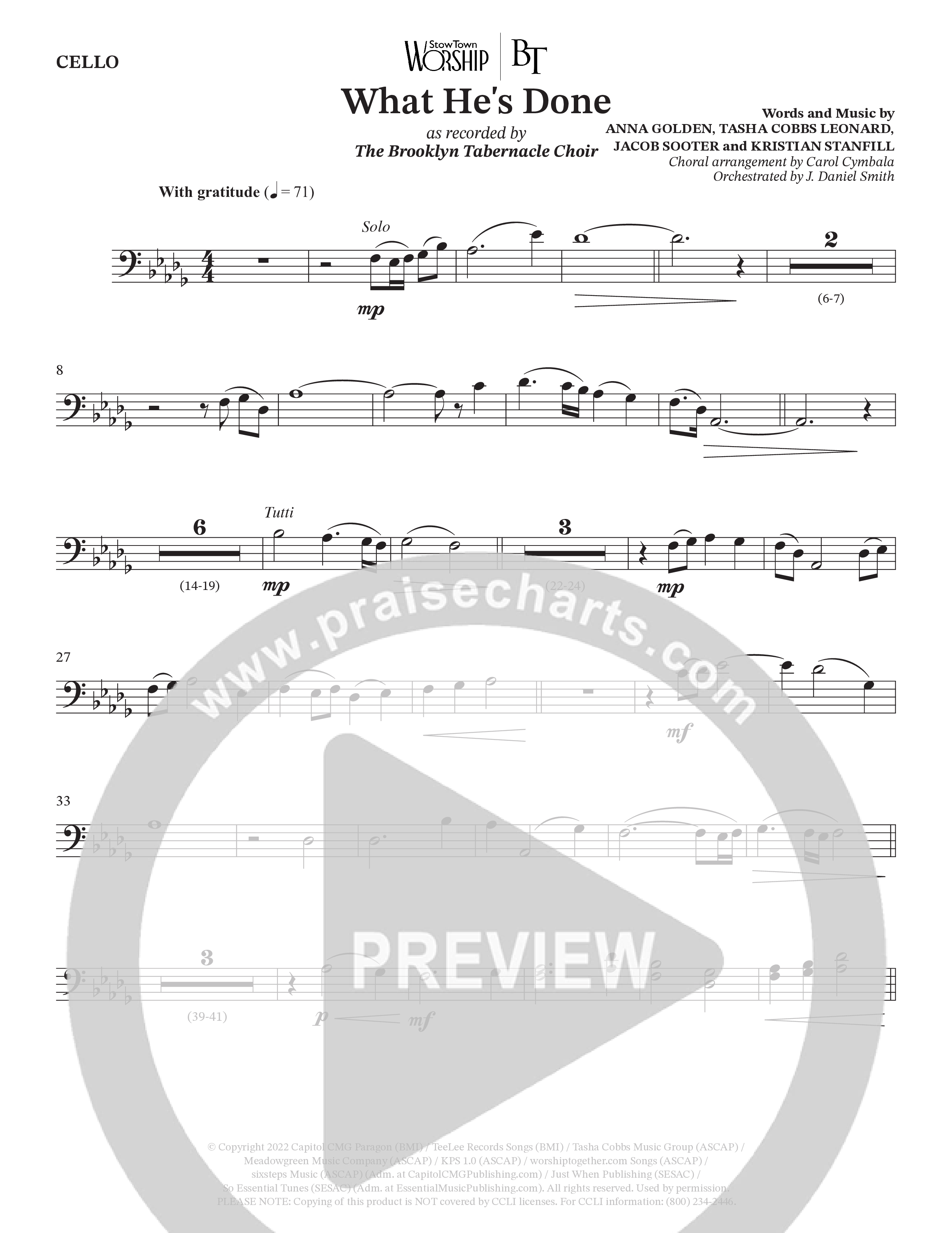 What He's Done (Choral Anthem SATB) Cello (The Brooklyn Tabernacle Choir / Arr. Carol Cymbala / Orch. J. Daniel Smith)