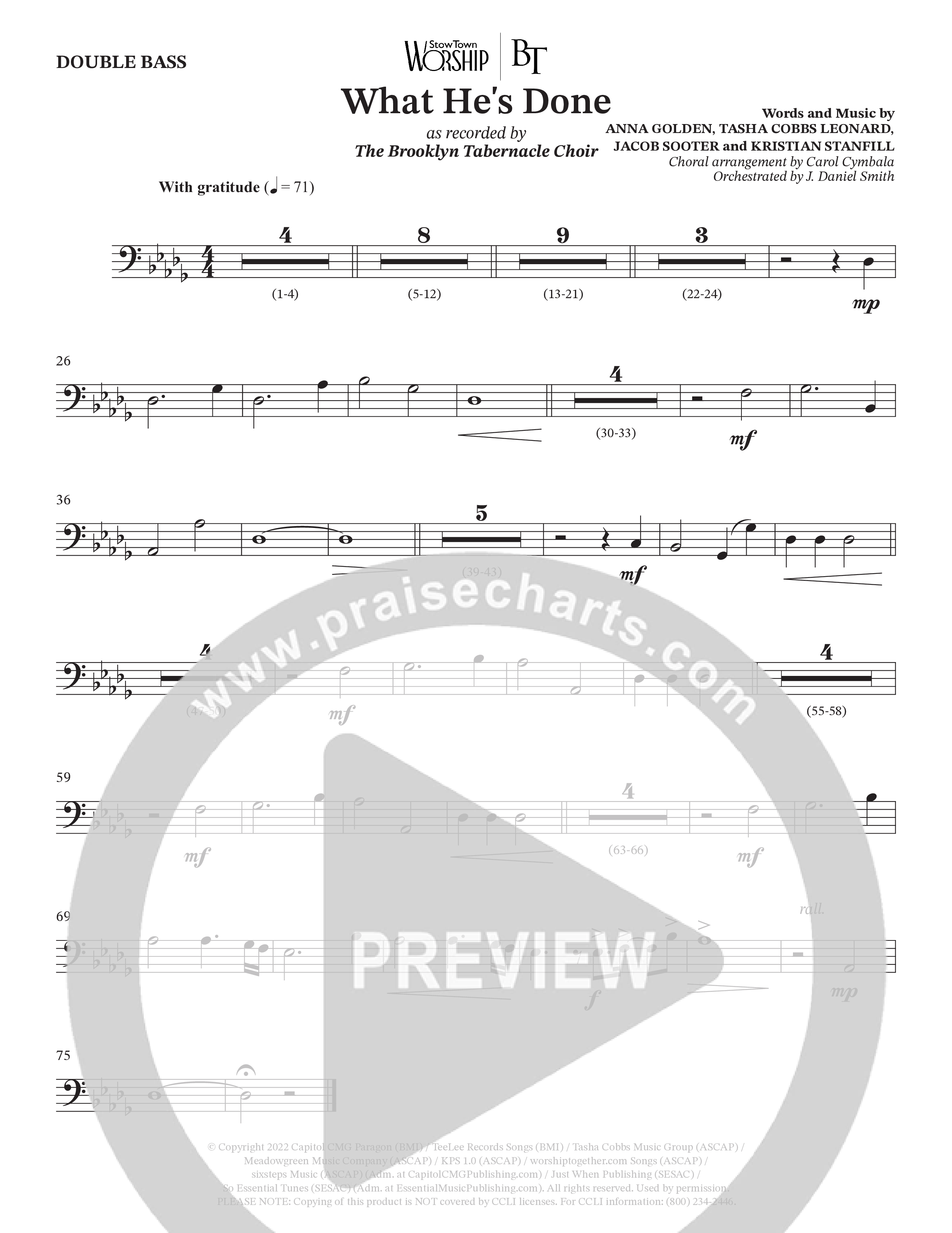 What He's Done (Choral Anthem SATB) Double Bass (The Brooklyn Tabernacle Choir / Arr. Carol Cymbala / Orch. J. Daniel Smith)