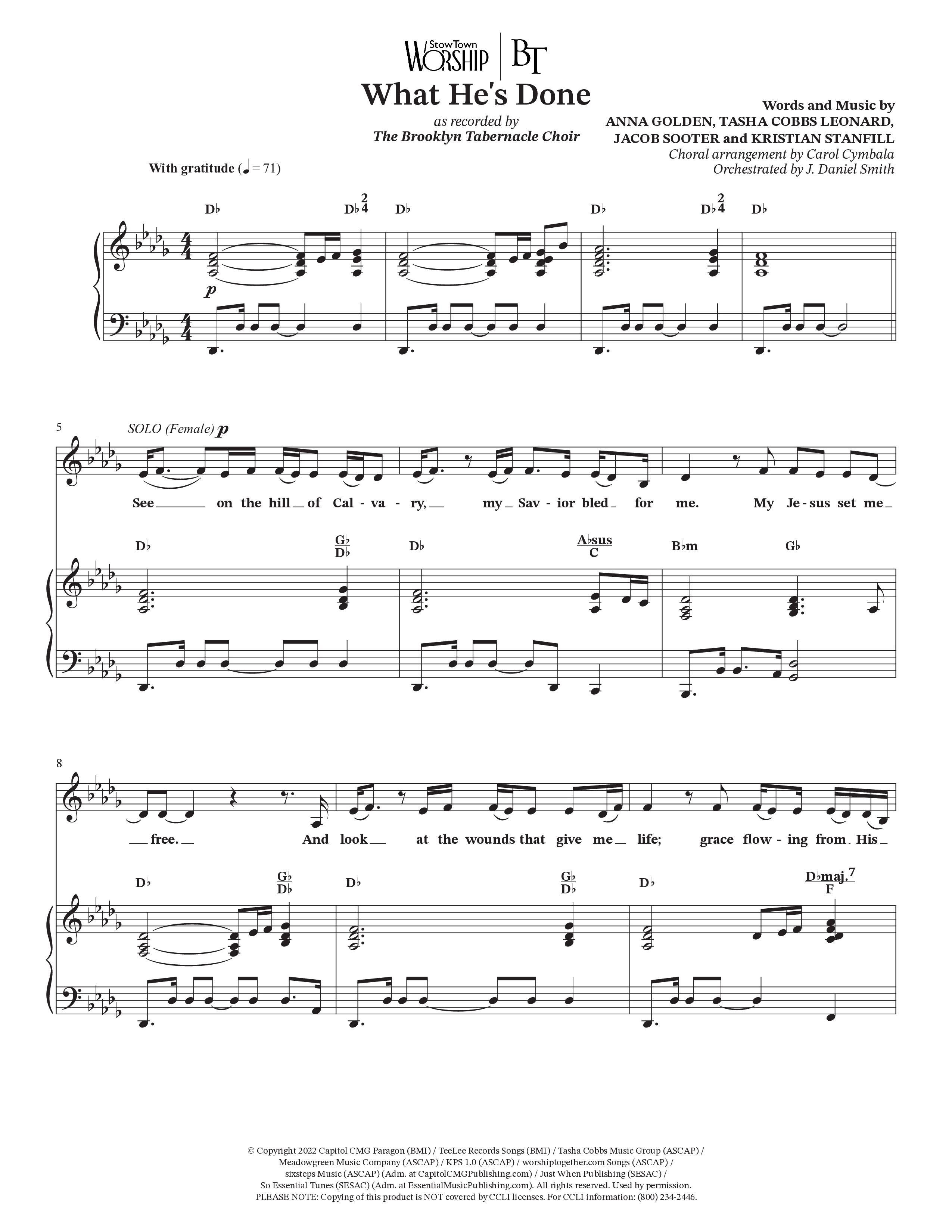 What He's Done (Choral Anthem SATB) Anthem (SATB/Piano) (The Brooklyn Tabernacle Choir / Arr. Carol Cymbala / Orch. J. Daniel Smith)