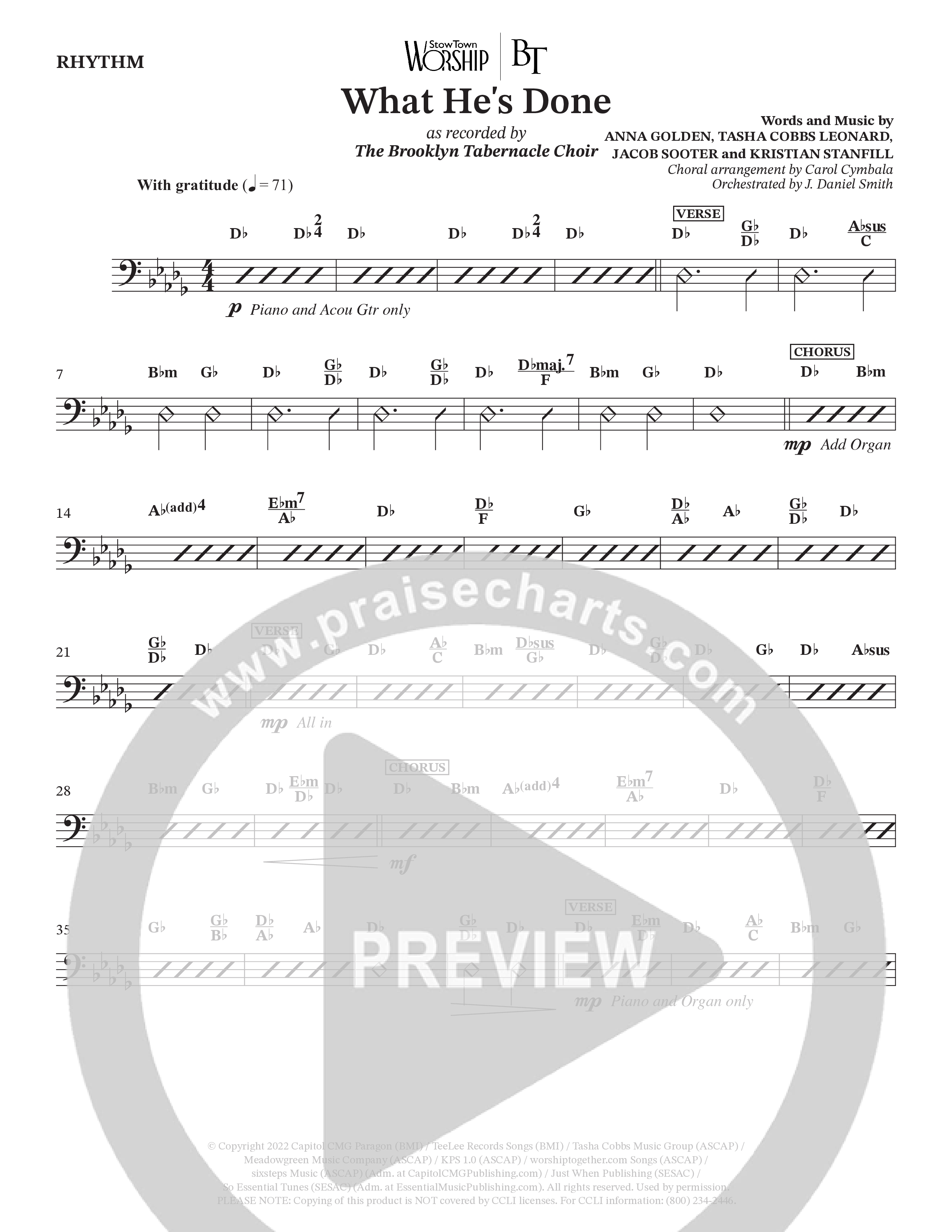 What He's Done (Choral Anthem SATB) Rhythm Chart (The Brooklyn Tabernacle Choir / Arr. Carol Cymbala / Orch. J. Daniel Smith)