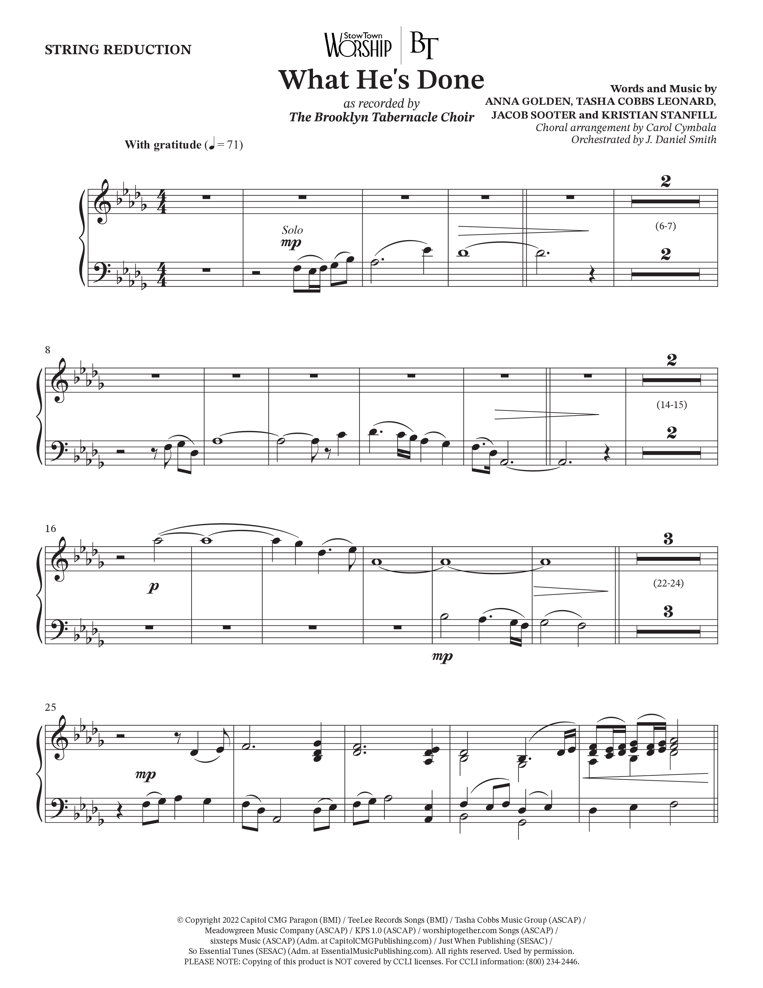 What He's Done (Choral Anthem SATB) String Reduction (The Brooklyn Tabernacle Choir / Arr. Carol Cymbala / Orch. J. Daniel Smith)