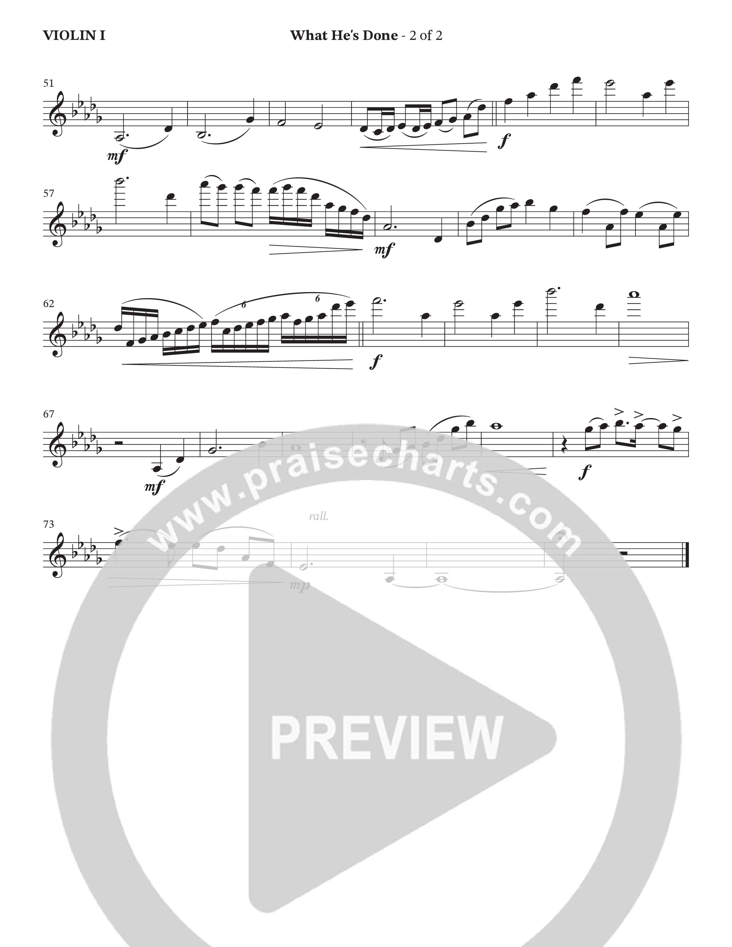 What He's Done (Choral Anthem SATB) Violin 1 (The Brooklyn Tabernacle Choir / Arr. Carol Cymbala / Orch. J. Daniel Smith)