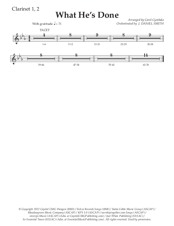 What He's Done (Choral Anthem SATB) Clarinet 1/2 (The Brooklyn Tabernacle Choir / Arr. Carol Cymbala / Orch. J. Daniel Smith)