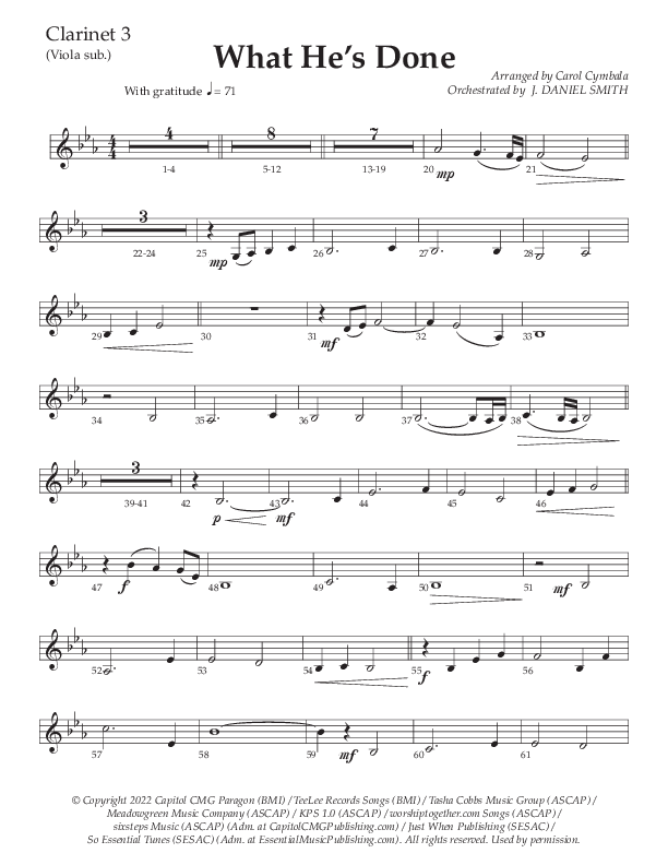 What He's Done (Choral Anthem SATB) Clarinet 3 (The Brooklyn Tabernacle Choir / Arr. Carol Cymbala / Orch. J. Daniel Smith)