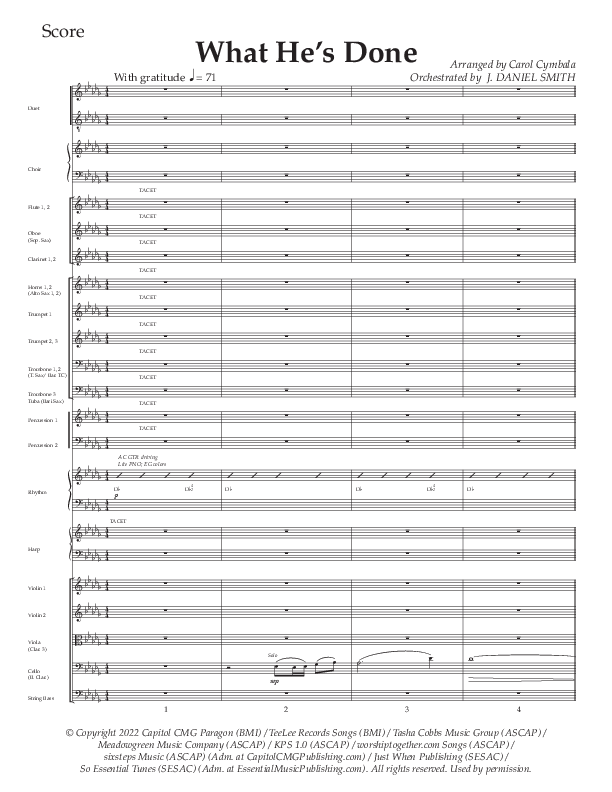 What He's Done (Choral Anthem SATB) Orchestration (The Brooklyn Tabernacle Choir / Arr. Carol Cymbala / Orch. J. Daniel Smith)