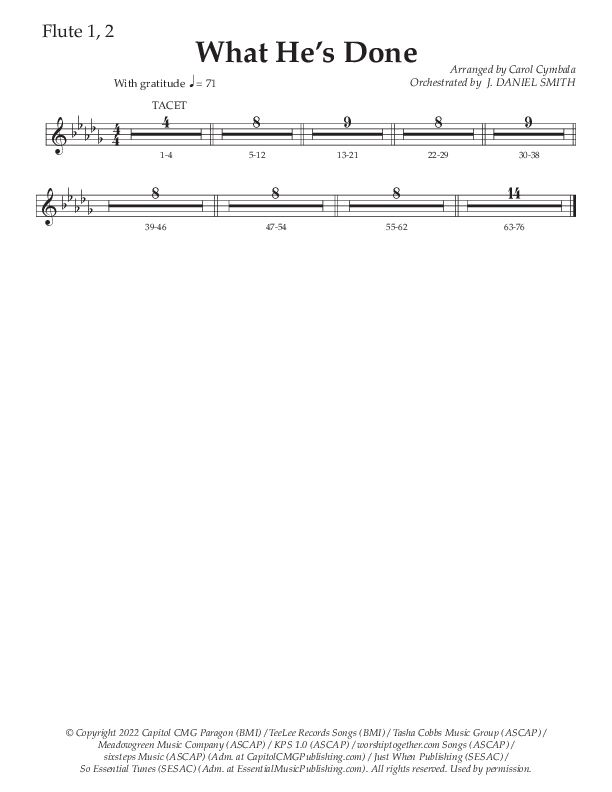 What He's Done (Choral Anthem SATB) Flute 1/2 (The Brooklyn Tabernacle Choir / Arr. Carol Cymbala / Orch. J. Daniel Smith)