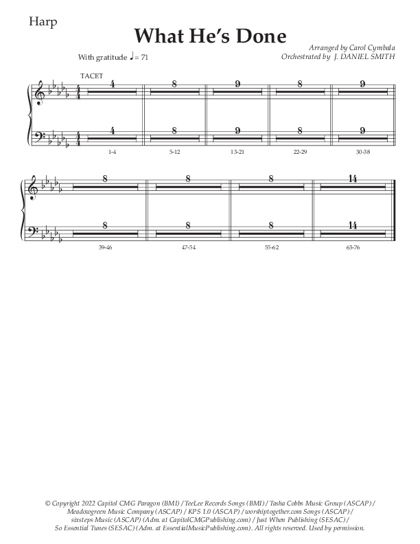 What He's Done (Choral Anthem SATB) Harp (The Brooklyn Tabernacle Choir / Arr. Carol Cymbala / Orch. J. Daniel Smith)