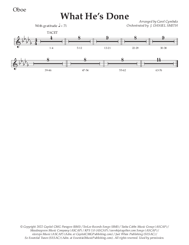 What He's Done (Choral Anthem SATB) Oboe (The Brooklyn Tabernacle Choir / Arr. Carol Cymbala / Orch. J. Daniel Smith)