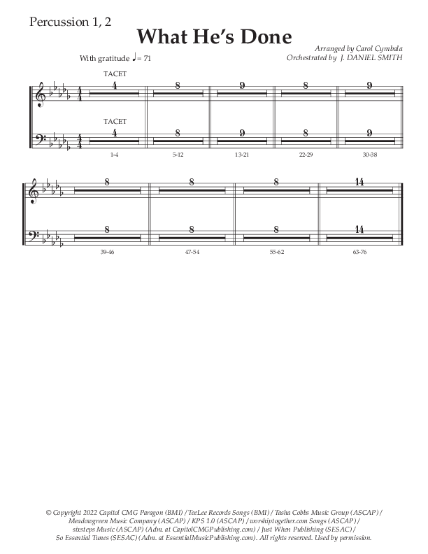 What He's Done (Choral Anthem SATB) Percussion 1/2 (The Brooklyn Tabernacle Choir / Arr. Carol Cymbala / Orch. J. Daniel Smith)