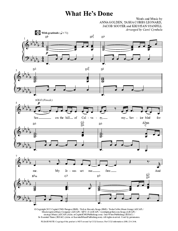 What He's Done (Choral Anthem SATB) Anthem (SATB/Piano) (The Brooklyn Tabernacle Choir / Arr. Carol Cymbala / Orch. J. Daniel Smith)