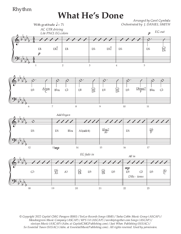What He's Done (Choral Anthem SATB) Rhythm Chart (The Brooklyn Tabernacle Choir / Arr. Carol Cymbala / Orch. J. Daniel Smith)