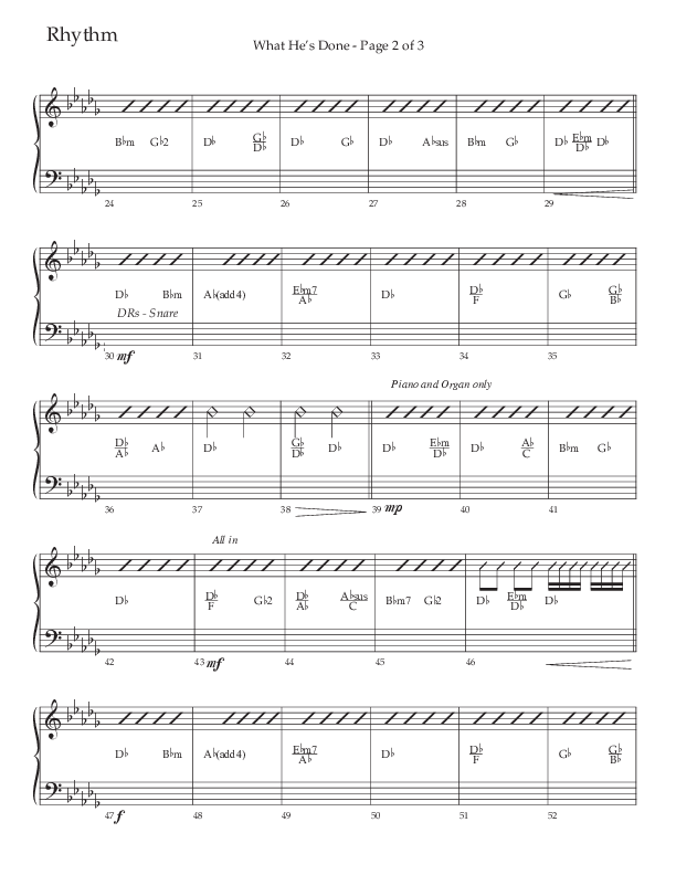 What He's Done (Choral Anthem SATB) Rhythm Chart (The Brooklyn Tabernacle Choir / Arr. Carol Cymbala / Orch. J. Daniel Smith)