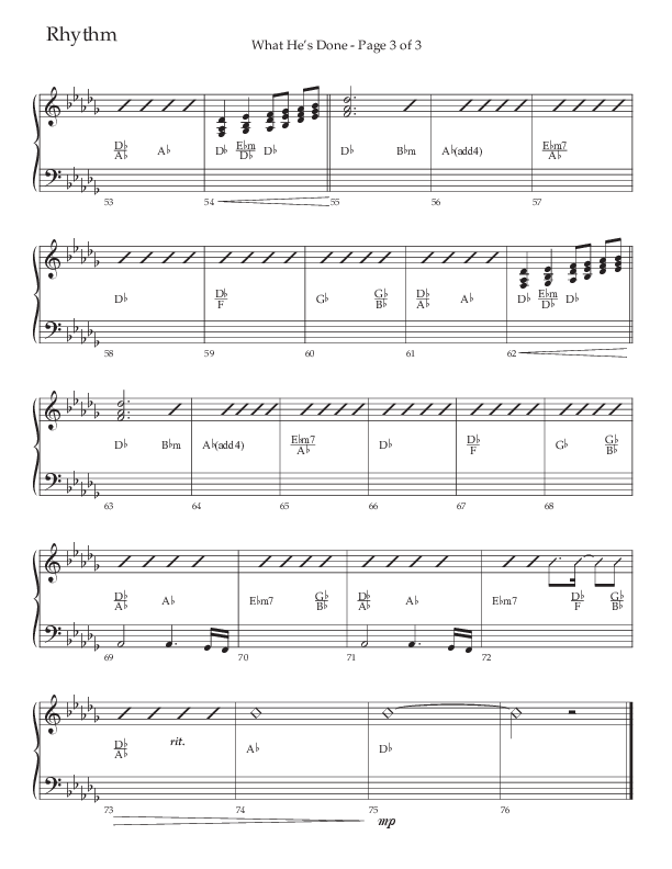 What He's Done (Choral Anthem SATB) Rhythm Chart (The Brooklyn Tabernacle Choir / Arr. Carol Cymbala / Orch. J. Daniel Smith)