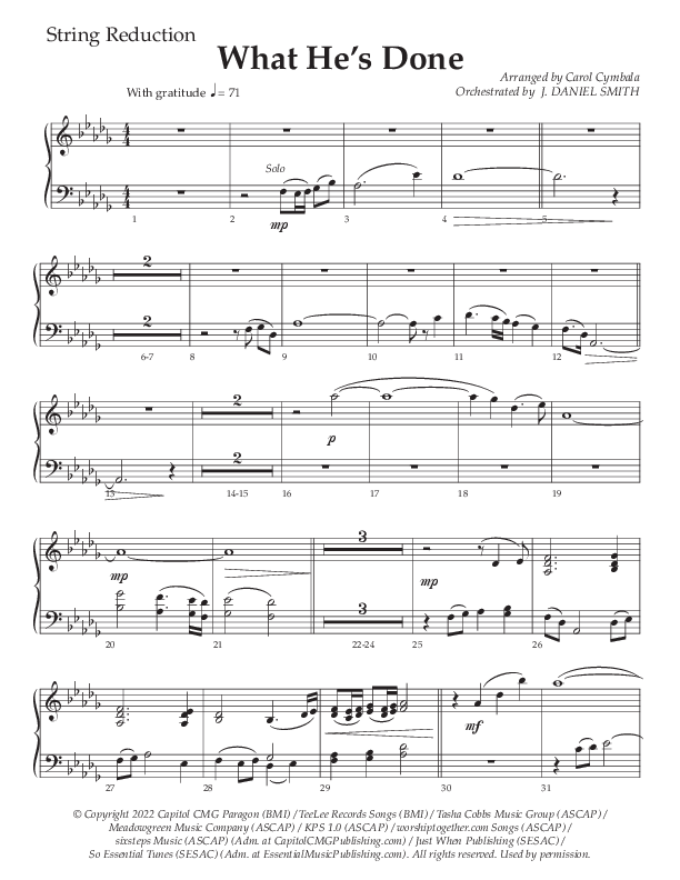 What He's Done (Choral Anthem SATB) String Reduction (The Brooklyn Tabernacle Choir / Arr. Carol Cymbala / Orch. J. Daniel Smith)