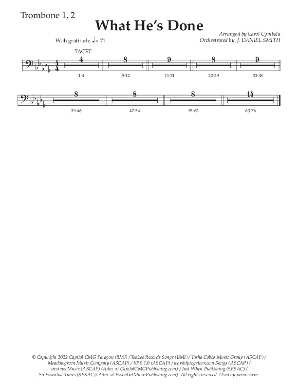 What He's Done (Choral Anthem SATB) Trombone 1/2 (The Brooklyn Tabernacle Choir / Arr. Carol Cymbala / Orch. J. Daniel Smith)