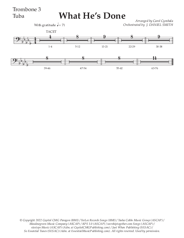 What He's Done (Choral Anthem SATB) Trombone 3/Tuba (The Brooklyn Tabernacle Choir / Arr. Carol Cymbala / Orch. J. Daniel Smith)