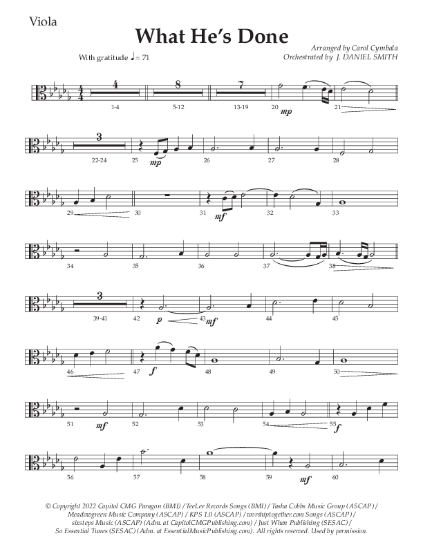 What He's Done (Choral Anthem SATB) Viola (The Brooklyn Tabernacle Choir / Arr. Carol Cymbala / Orch. J. Daniel Smith)